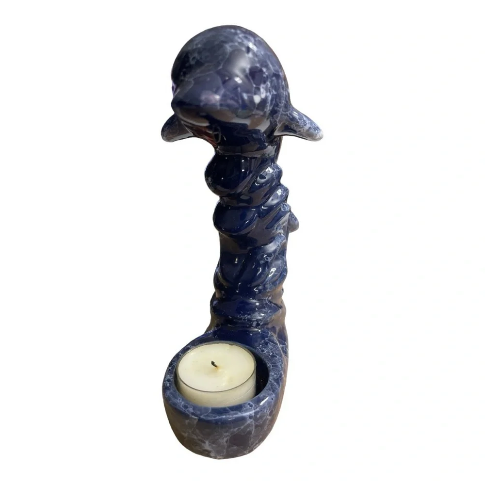 COBALT BLUE CERAMIC DOLPHIN FIGURINE  TEA LIGHT CANDLE HOLDER